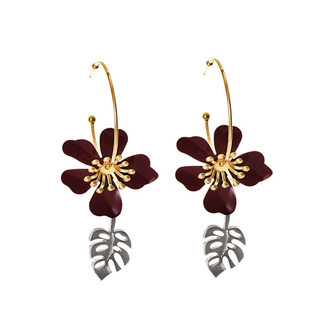 LRC Anting Tusuk Fashion Alloy Flower Leaf Stud Earrings F96688