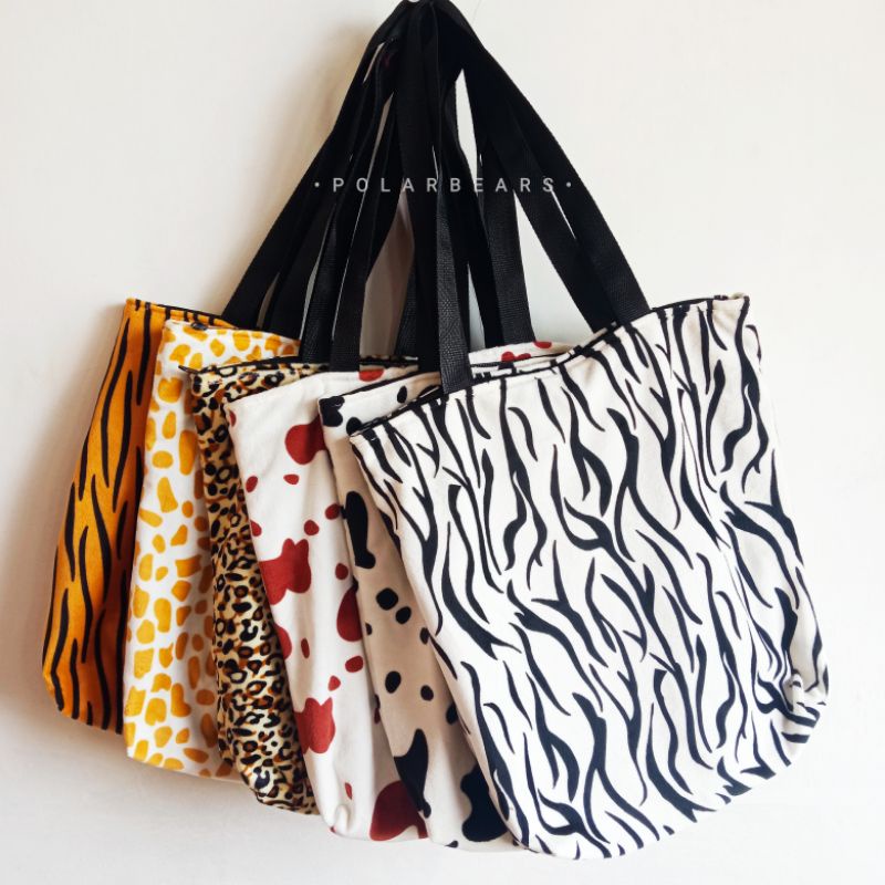 Tas wanita tote totebag motif hewan leopard zebra tiger dalmatian sapi giraffe jerapah macan