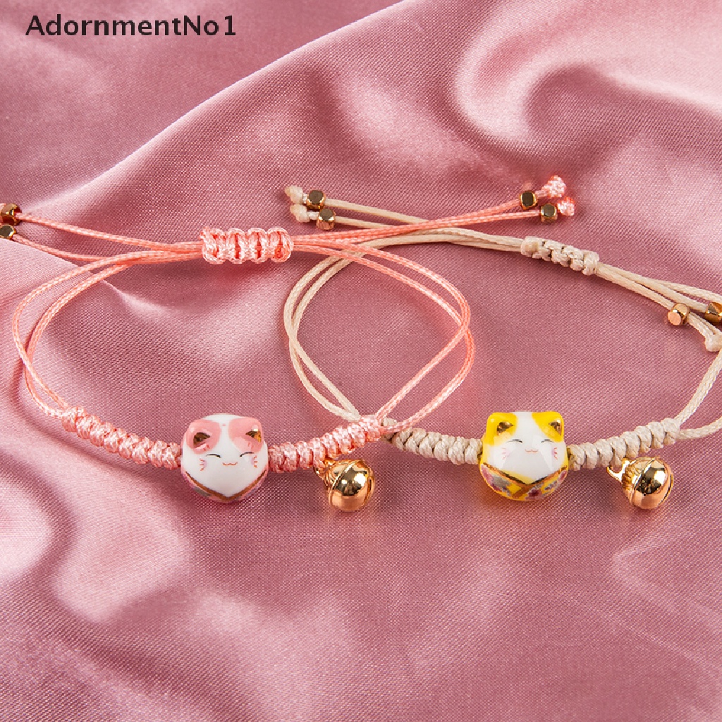 (AdornmentNo1) Gelang Tangan Tali Aksen Lonceng Keramik Motif Kucing Keberuntungan Untuk Wanita / Pasangan