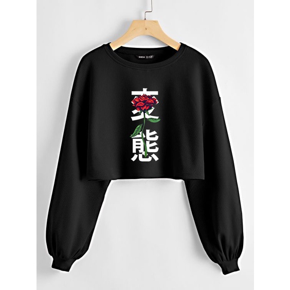 Clothing May - Sweater Crop Bunga Jepang Sweater Distro Croptop Atasan Krop Top Wanita Cewek Viral