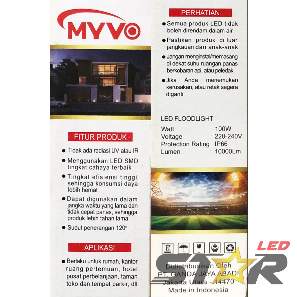 MYVO LED Floodlight 100W Lampu Kap Sorot Indoor Outdoor Flood Light IP66 Weather Proof 100 WATT Super Terang Star