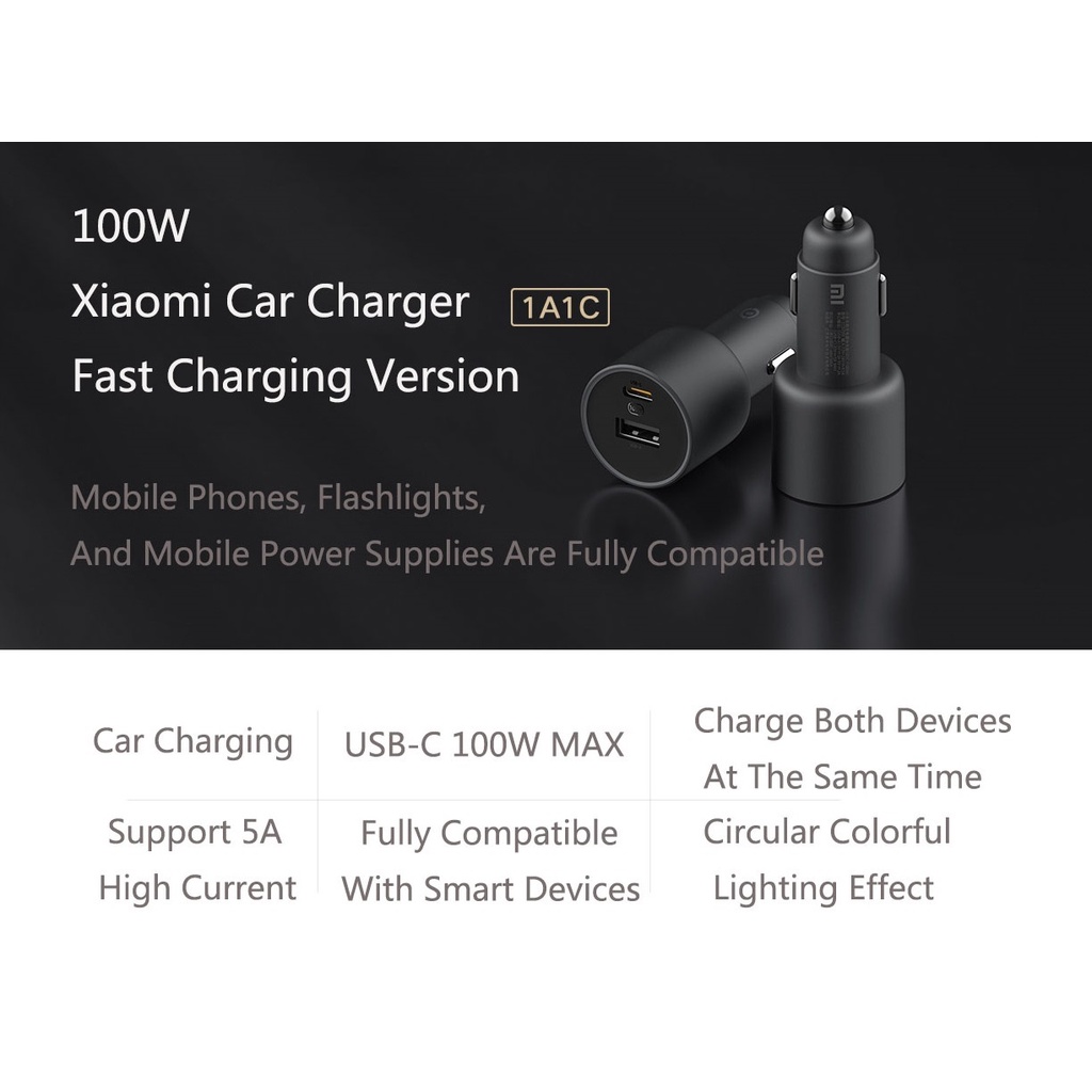 XIAOMI Mi Car Charger 2-Port Fast Charging Version 100W 1A1C - CC07ZM - Charger Mobil Bertenaga Super hingga 100W