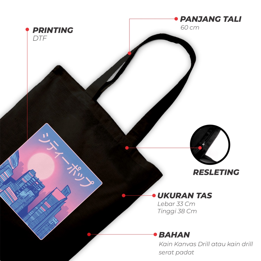 Sevine Totebag Fashion Tas Tote Bag Hitam Resleting Pria Wanita Laptop Kuliah Retro Vaporwave - HVW9