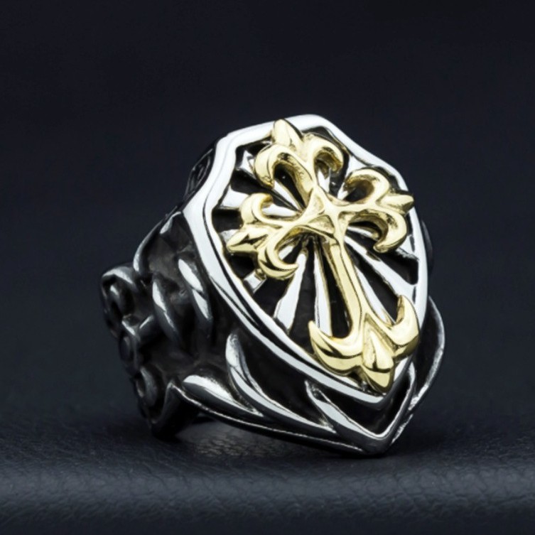 SEUSUK  Vintage Fashion Mens Personality Fashion Carve Knights Cross Shield Ring COD