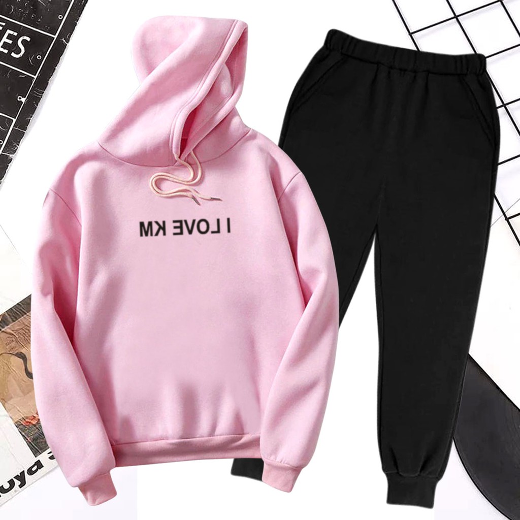 BESS - Baju Setelan Wanita Murah / Setelan Hoodie + Jogger Hitam - I LOVE KM