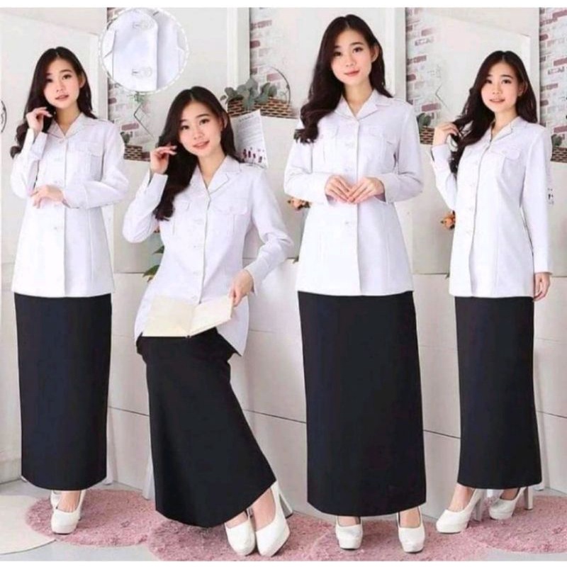 seragam pns wanita putih hitam kantong 2/ seragam asn wanita putih hitam/ baju kerja wanita putih ka