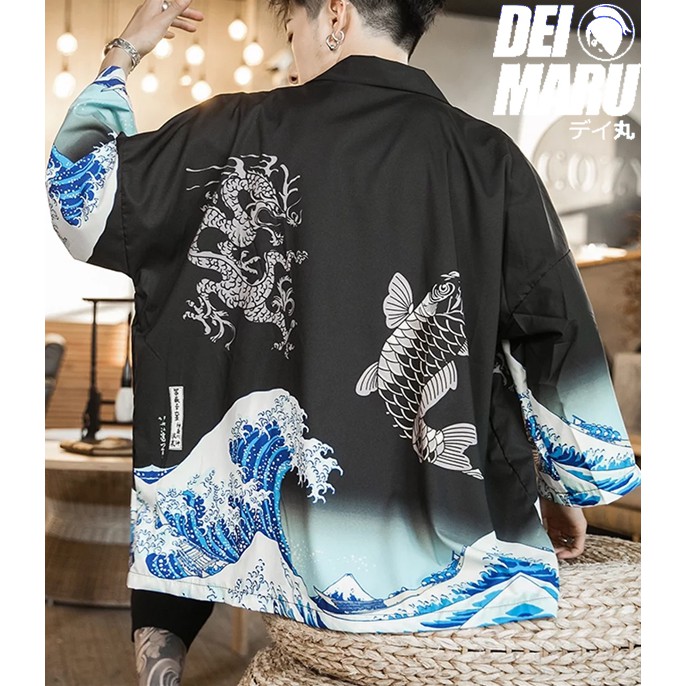 BAJU Haori Kimono Pendek Negata Wave Fish Kostum Jepang Happi Black White KIMONO HAORI OUTER PRIA WA