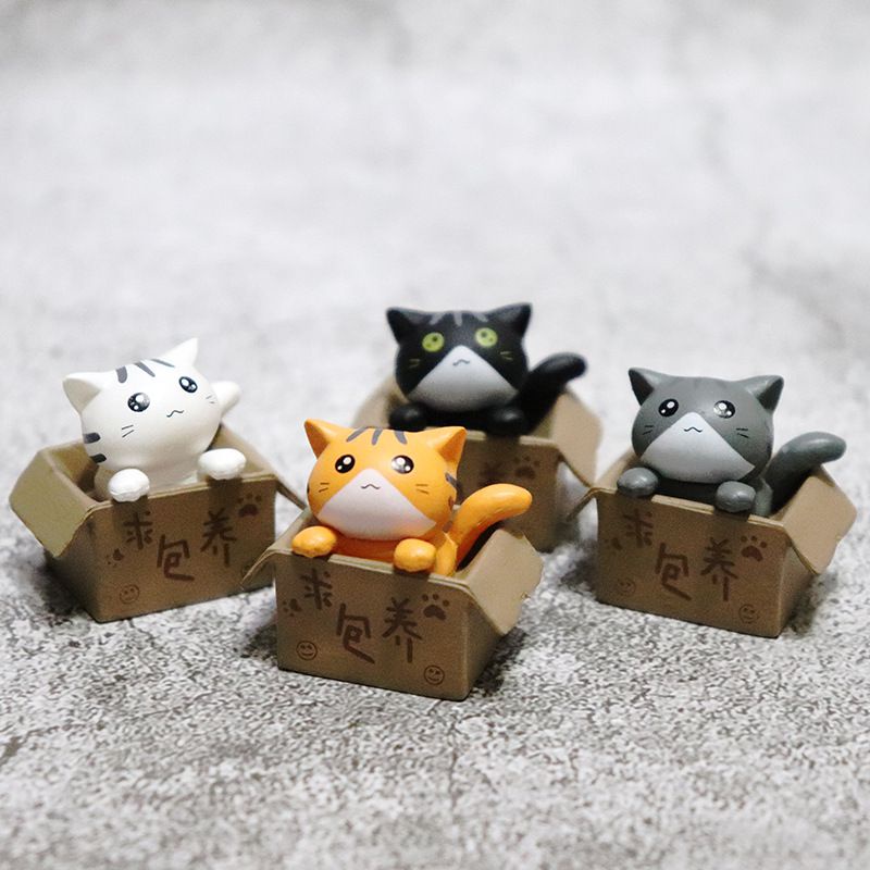 Kartun Kucing 4PCS Kotak Malang Model Kitten Patung Kecil Figura Figure Kerajinan Mobil