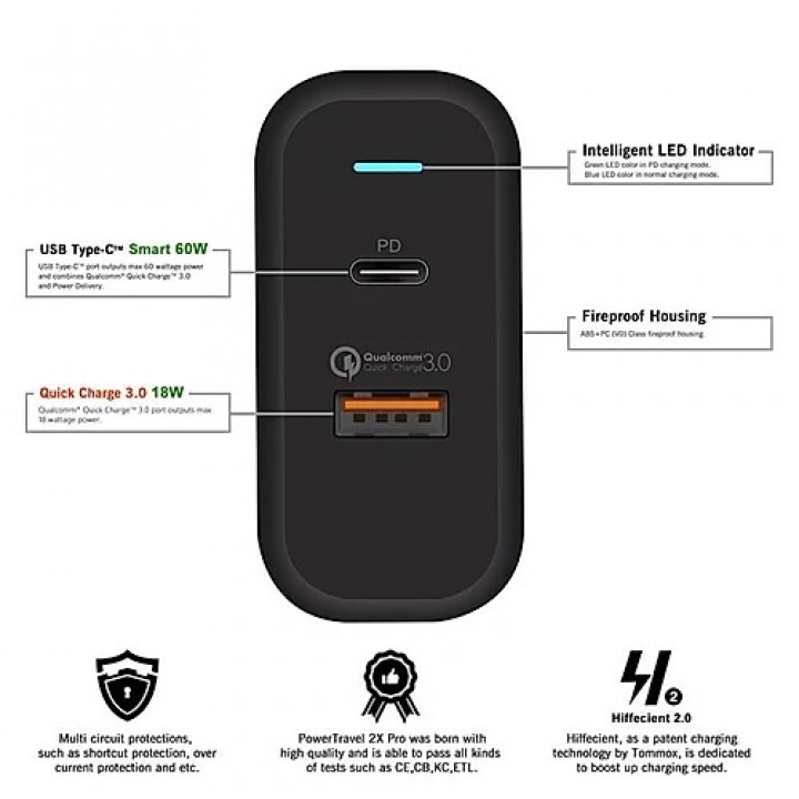 WIWU POWER TURBO PT6021 - Dual USB Wall Charger PD and QC3.0 - 60W MAX