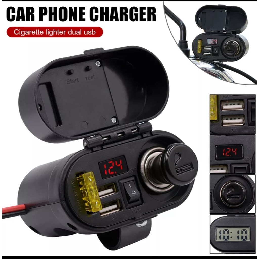 MotorCycle USB CD-3068 Lighter voltmetar / jam Charger Motor Dual usb