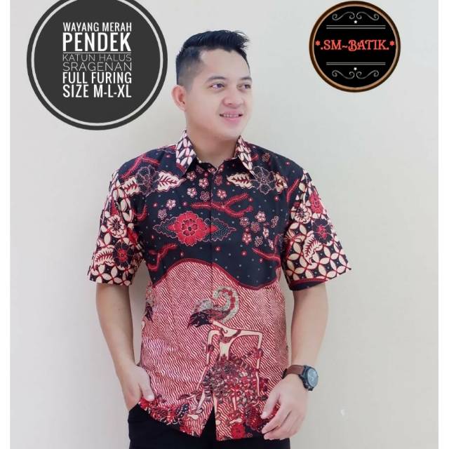 Hem Batik/Batik Lengan Pendek Pria WAYANG MERAH Lapis Furing