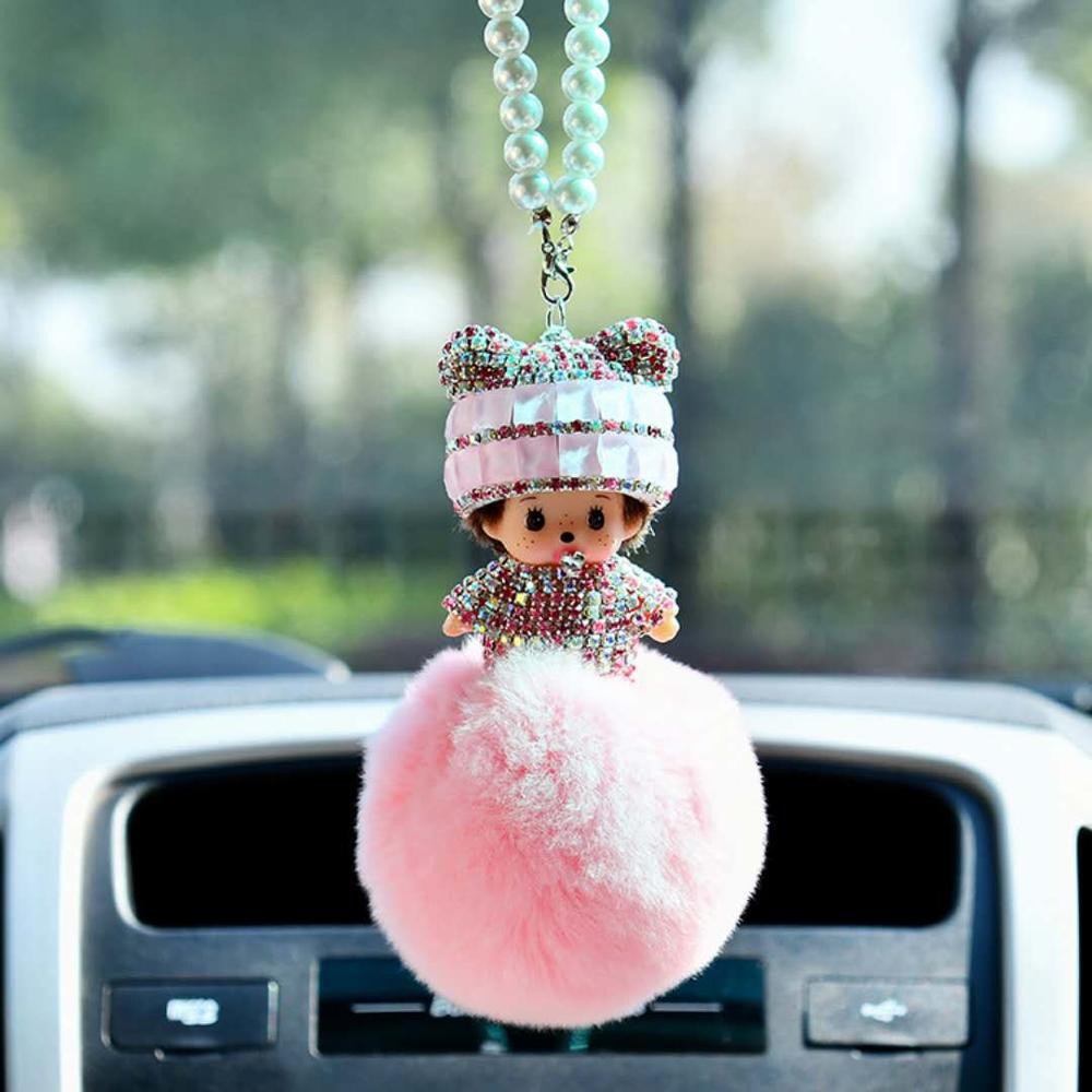 Car Crystal Pendant Monchichi Gantungan Depan Pajangan Spion Kaca Tengah Mobil