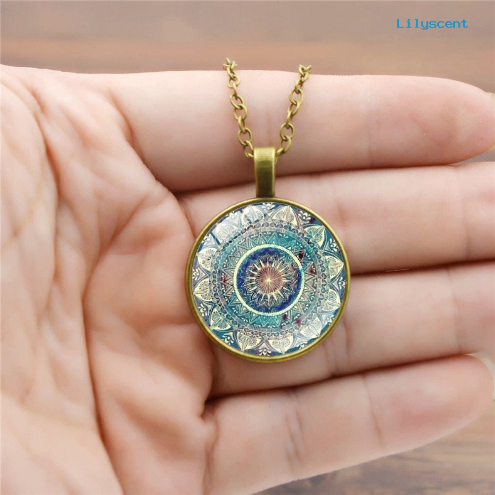 Kalung Rantai Panjang Dengan Liontin Kaca Cabochon Motif Mandala Gaya Vintage Untuk Wanita