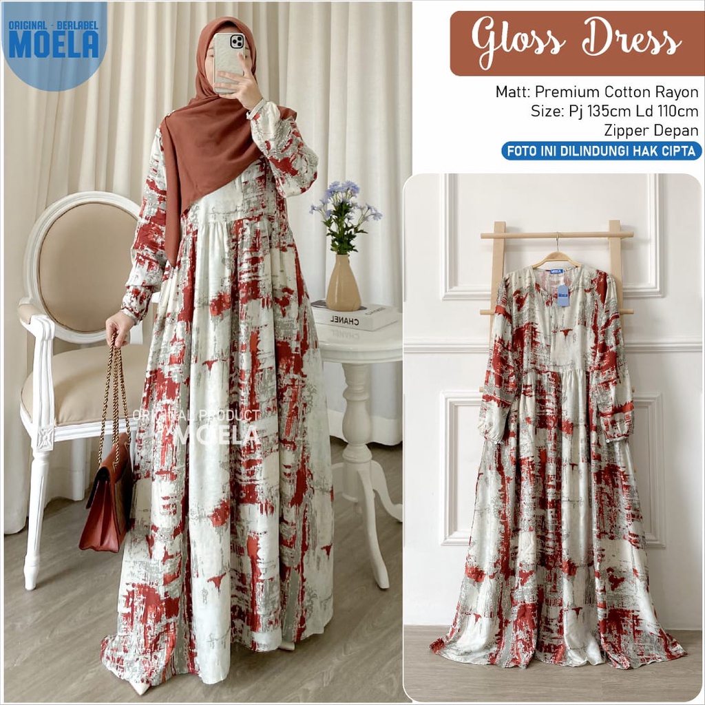 GLOSS DRESS ORI MOELA ld 110 GAMIS ootd MUSLIM wanita premium cotton rayon zipper depan BUSUI friend