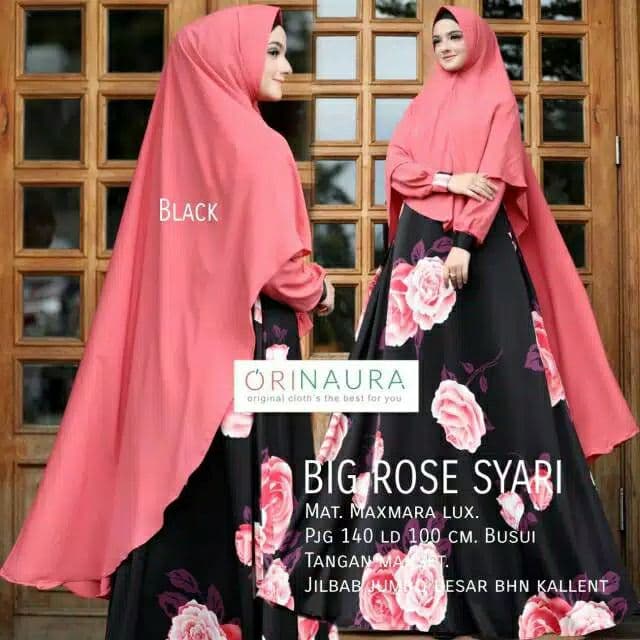 READY 1PCS BIG ROSE SYARI BLACK NAU LD100/140 Gamis Syari Gamis Dress Cantik Maxmara Lux Murah Origi