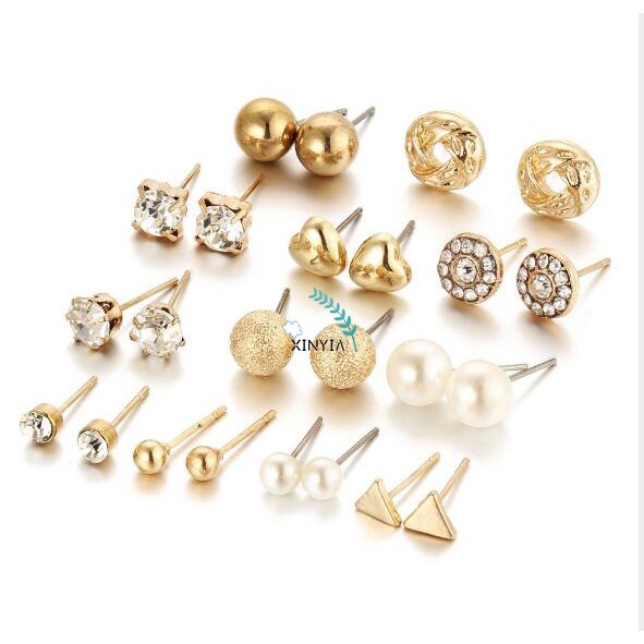 12 Pasang/Set Anting Tusuk Stud Model Variasi Berlian Imitasi/Hati/Mutiara untuk Wanita