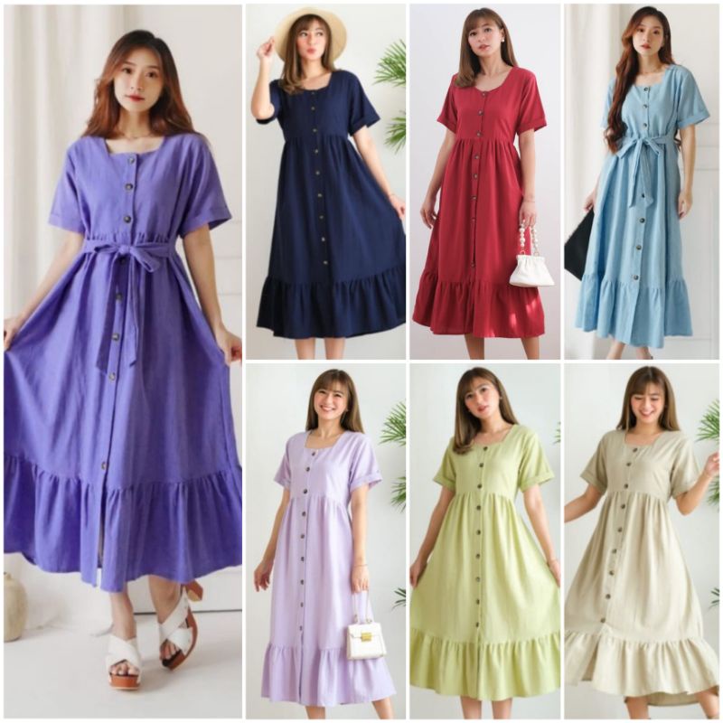 ⚡️CLEARANCE SALE ♡ PREMIUM ♡ ORIGINAL ! ELLEANORE VINTAGE BUTTON SQUARE NECK BOTTOM RUFFLE MIDI  DRESS ( BUSUI FRIENDLY )