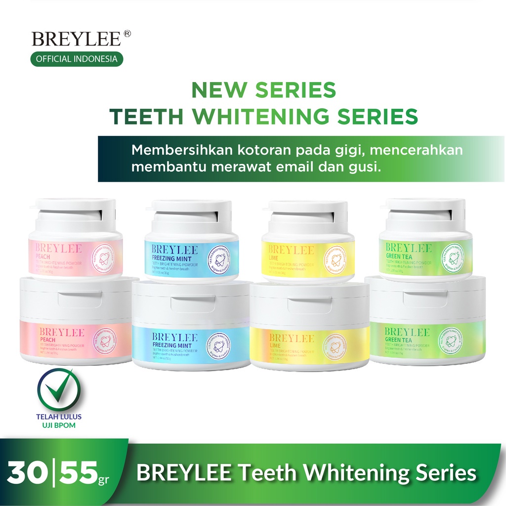 {LB} BREYLEE Teeth Whitening Powder 30gr - BREYLEE TEEHT SERIES PEACH | LIME | GREEN TEA | MINT | ORIGINAL BPOM