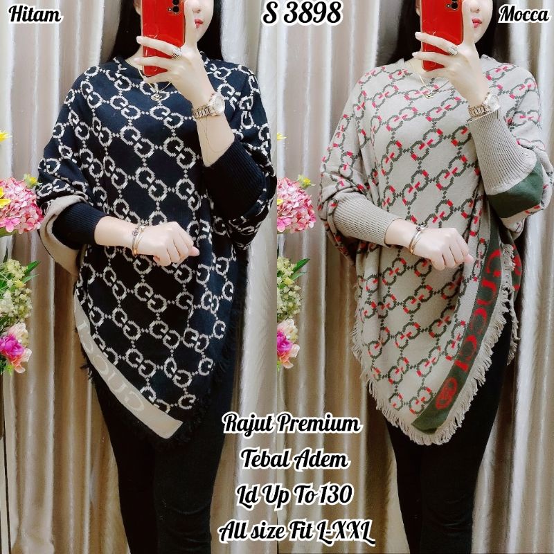 3898 #Atasan Rajut Poncho Premium GC