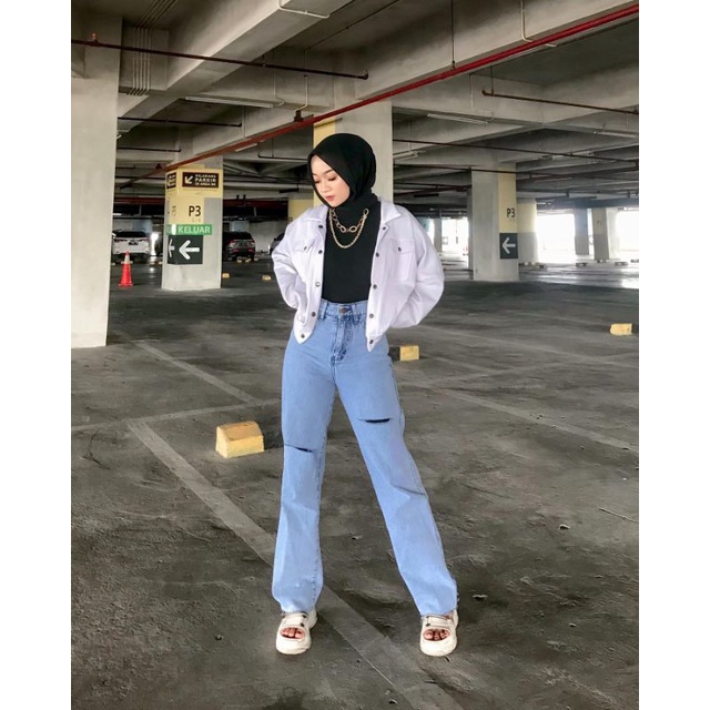 Highwaist Jeans Wanita Ripped - Celana Jeans Sobek Lutut