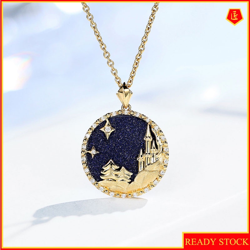 [Ready Stock]Creative Frozen Blue Gold Necklace 18K Gold Geometric Castle Pendant