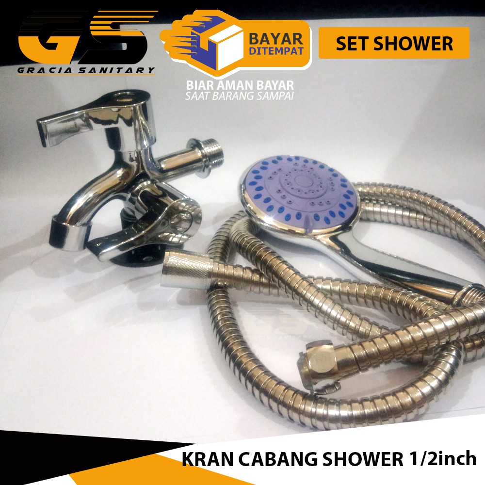 Paket SET Shower Mandi Kran 1/2 Inch Handshower Murah Kran cabang 2733 + shower 05 Tinggal Pasang