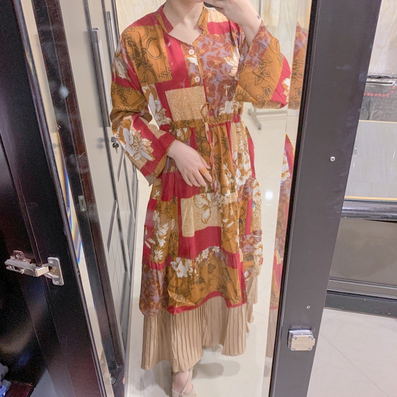 DRESS MOTIF BUNGA IMPOR | DRESS SET ROK PLISKET