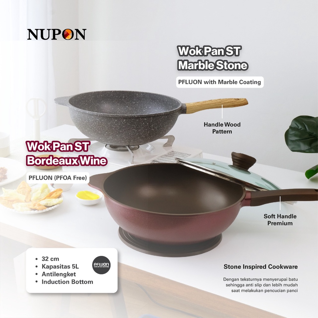 Wok Pan NUPON Granite Anti Lengket 36cm dan tutup kaca KOMPOR INDUKSI