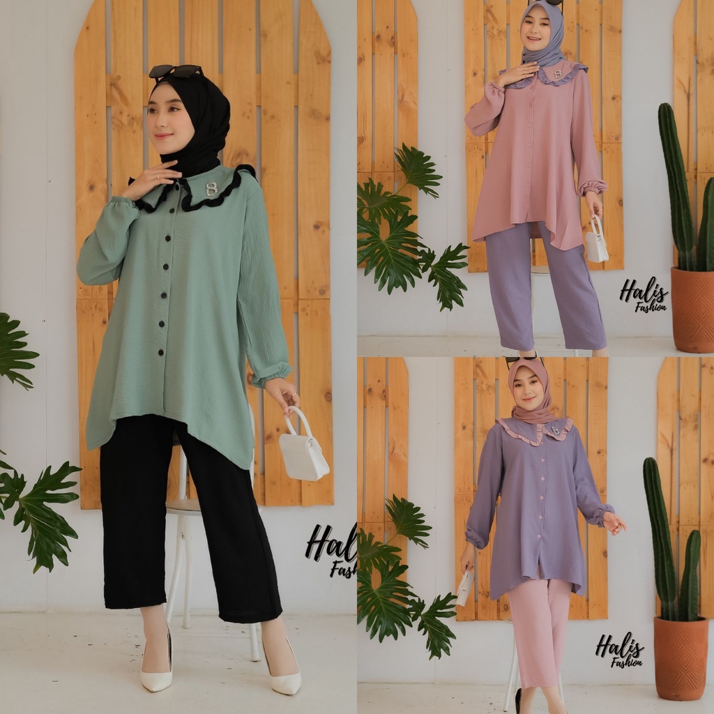 ONESET ZARA ZAHRANA HALIS DEWASA DAN ANAK Cringkel TUNIK + CELANA Model Rempel Dada Warna Cantik