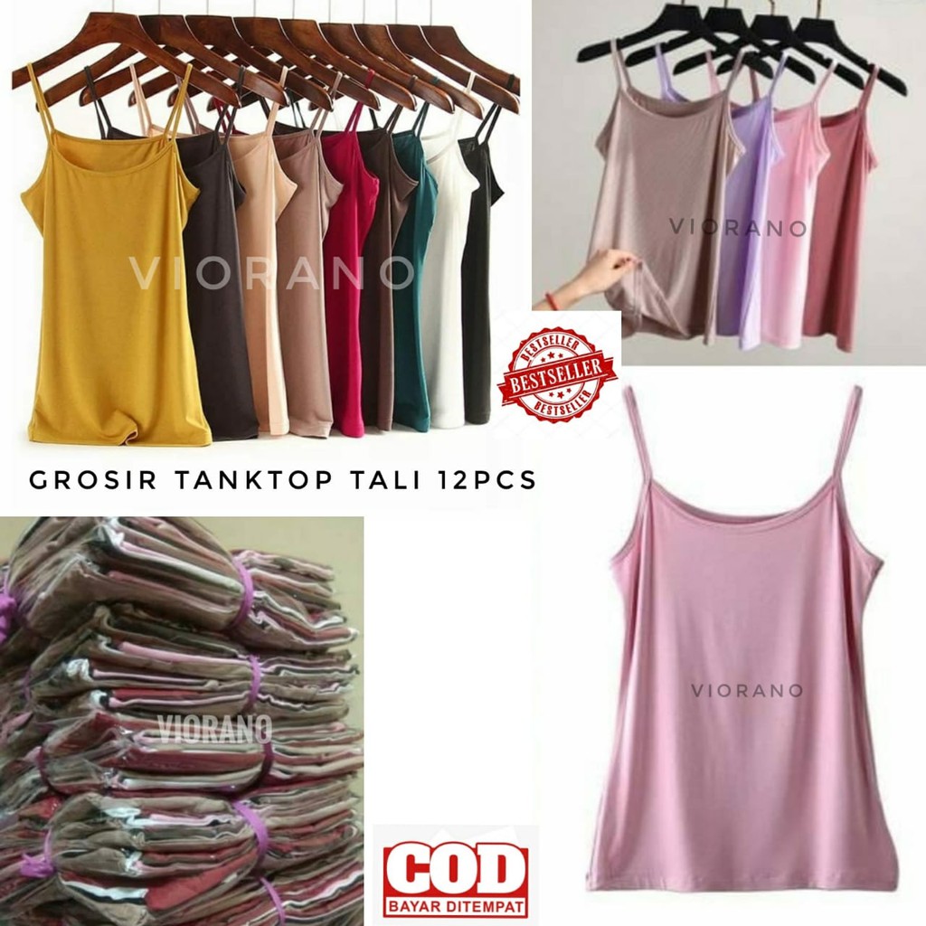 Grosir 12pcs Tanktop Wanita Tali Kecil Adem / Tang Top Lusinan Cewek AllSize Muat XL Warna Seri Adem