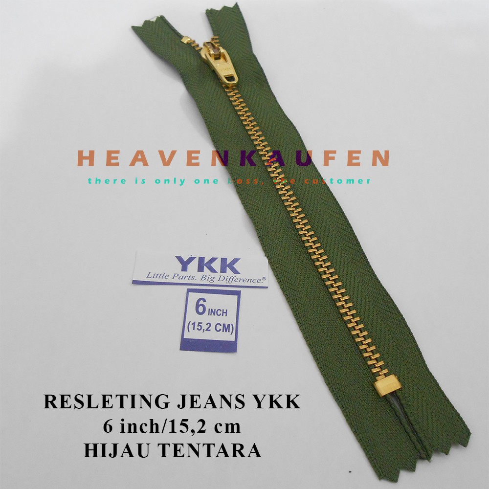 Resleting/Zipper Jeans YKK 6 inch-15,2 cm Hijau TNI/Hijau Tentara-Gold