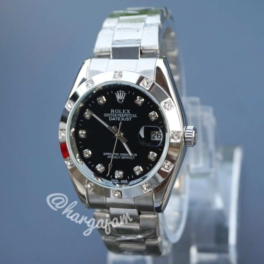 Jam Automatic Rolex R1003 Oyster Perpetual Rantai Silver Plat Black (hargajam harga jam matic otom