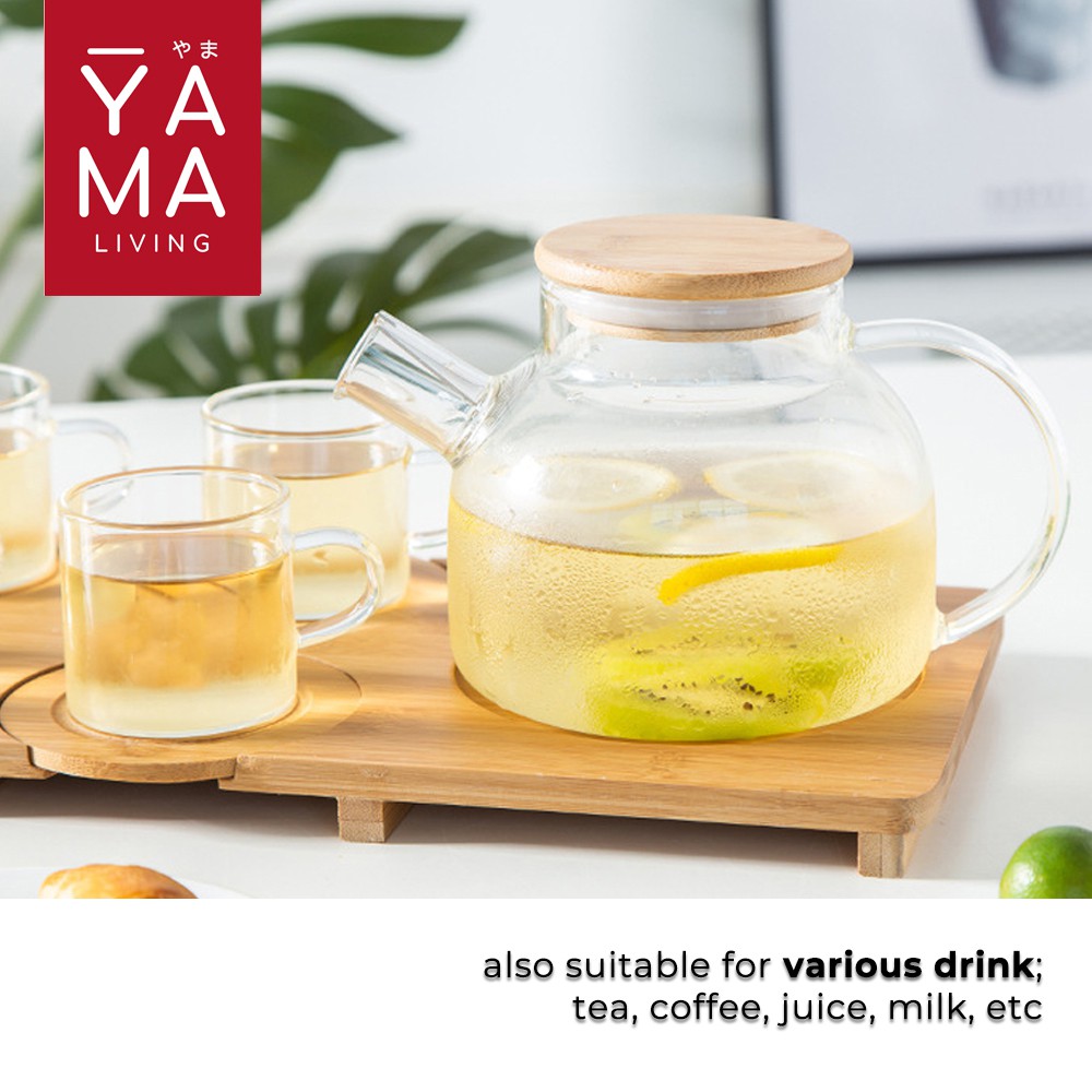 YAMA HAMARI Natural Wood Tea Pot Infuser Teko Teh Kaca Bamboo Teapot Pitcher Teh 1000 ml