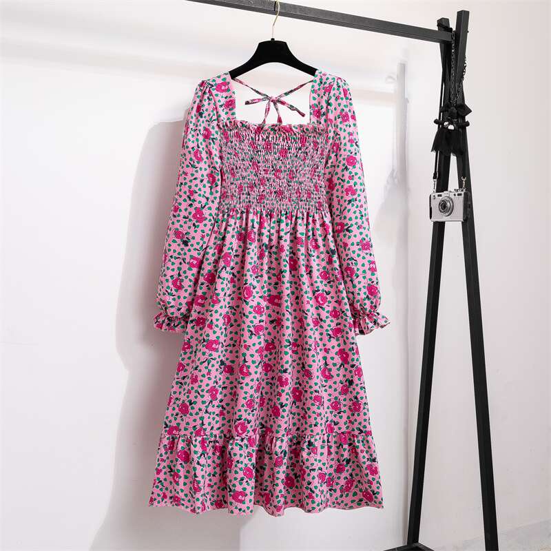 Gaun smocked lengan panjang kasual baru dengan dasi belakang A-line dress