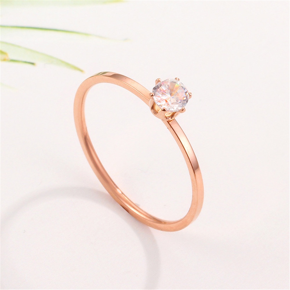 1 pcs Korea Titanium Steel Light Luxury Rose Gold Cincin Tipis Berlian Enam cakar untuk Wanita