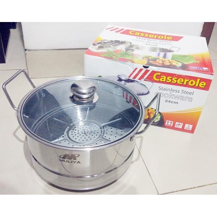 Muliya Food Steamer Diameter 22cm 24cm 26cm Panci Kukus Dandang Kukusan Stainless Steel Tutup Kaca