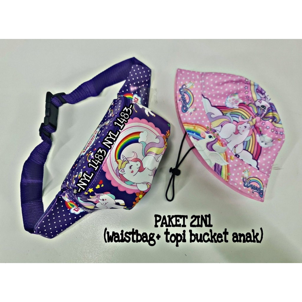 Waistbag Anak Karakter 2in1 - Tas + Topi Bucket