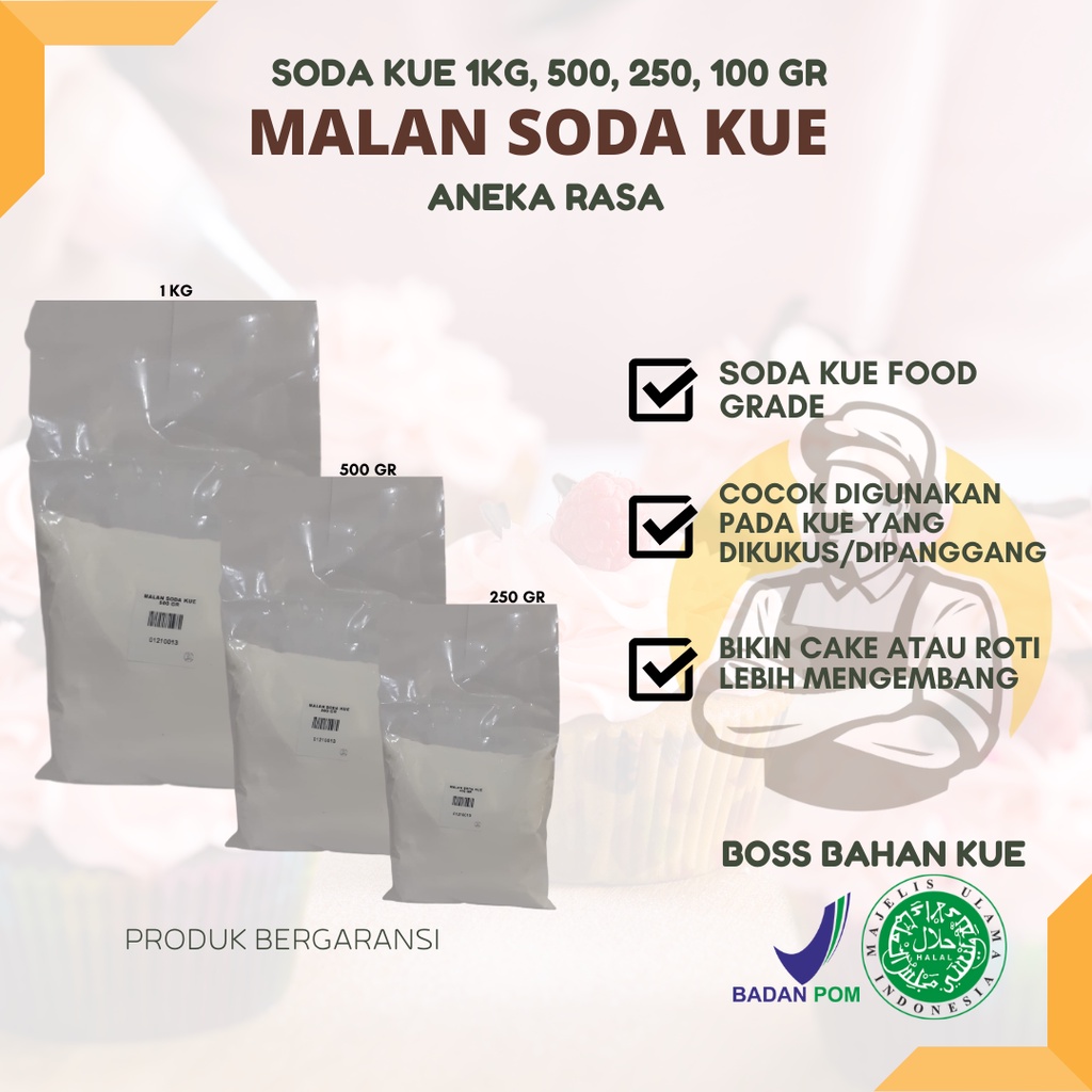 

MALAN Soda Kue kiloan repack pengembang kue donat baking soda HALAL BPOM 100gr, 250gr, 500gr, 1kg