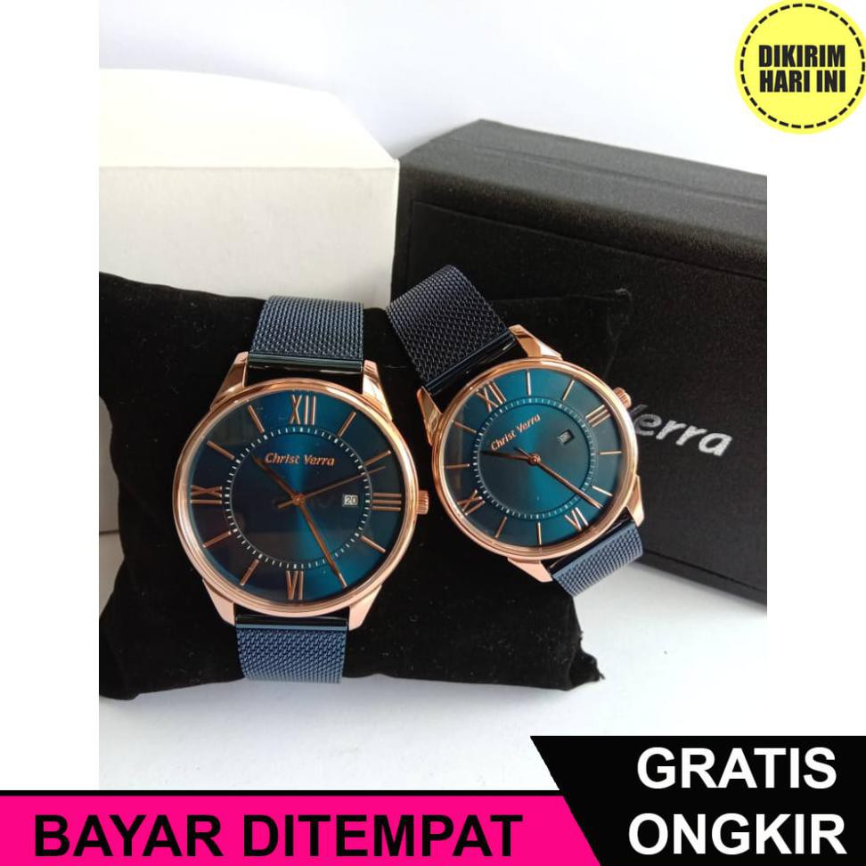 (BAYAR DITEMPAT) OE4494 JAM TANGAN CHRIST VERRA CV71151-4J COUPLE ROSEGOLD BLUE ORIGINAL