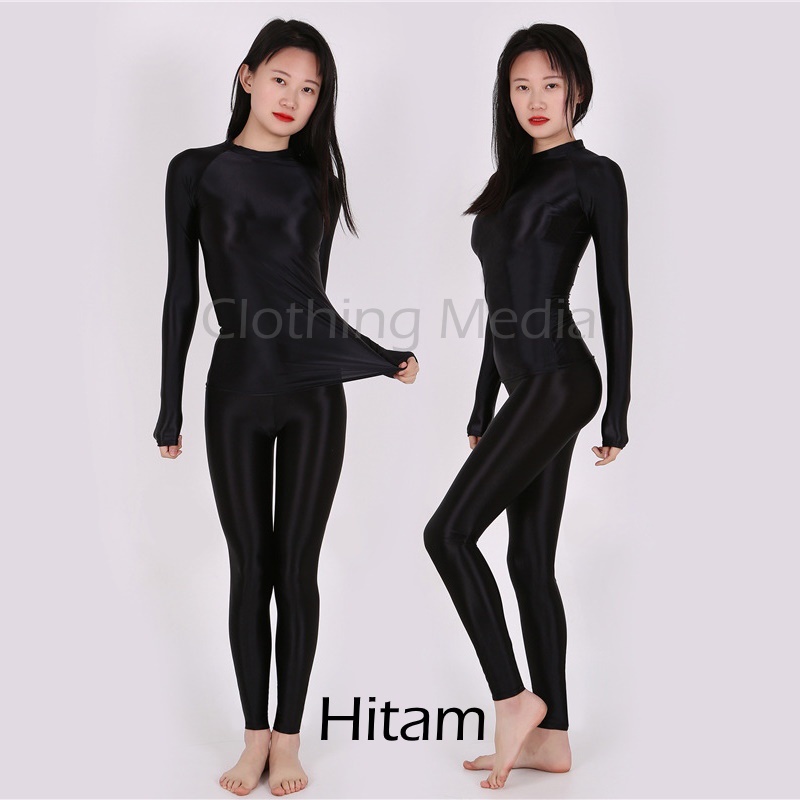 Setelan Silky Baju Lengan Panjang Celana Legging Bodysuit Glossy Manset Halus