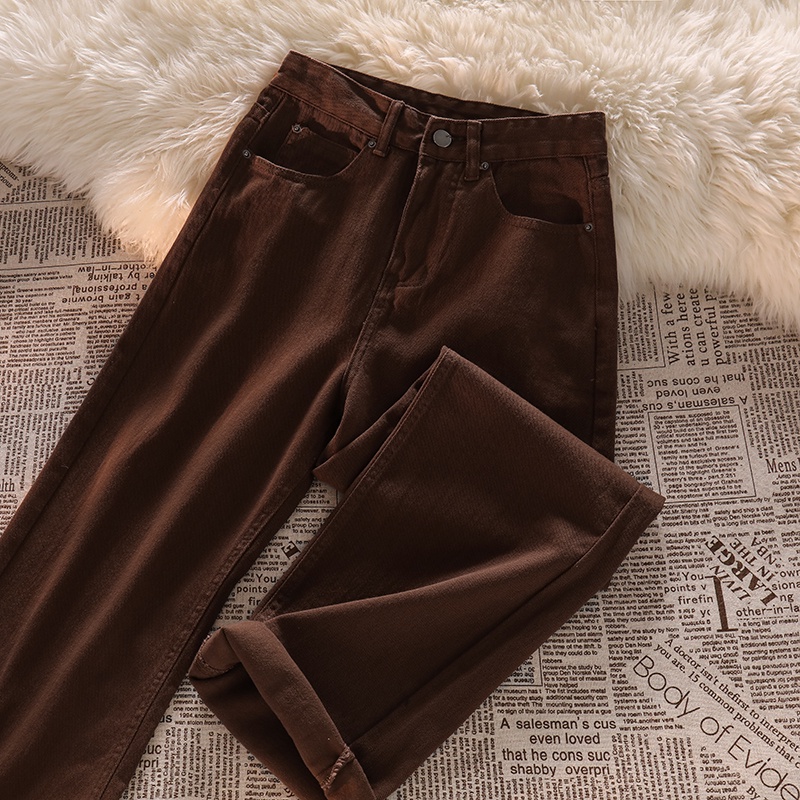 New Celana Jeans Longgar Wanita Pinggang Tinggi Coklat / Puith Korea Baru