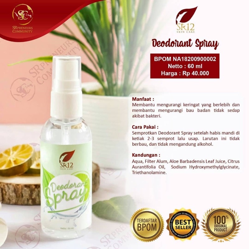 Deodorant Spray SR12 100% Original Premium Regular | Cegah Bau Badan Keringat &amp; Bersih | 60 ml SR 12 Official