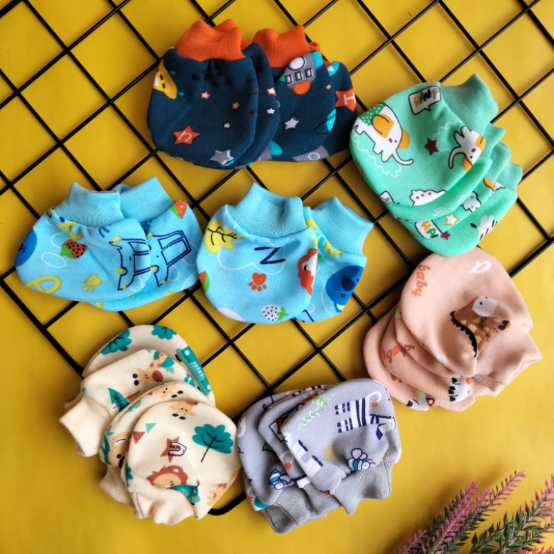 set topi sarung tangan kaki bayi printing