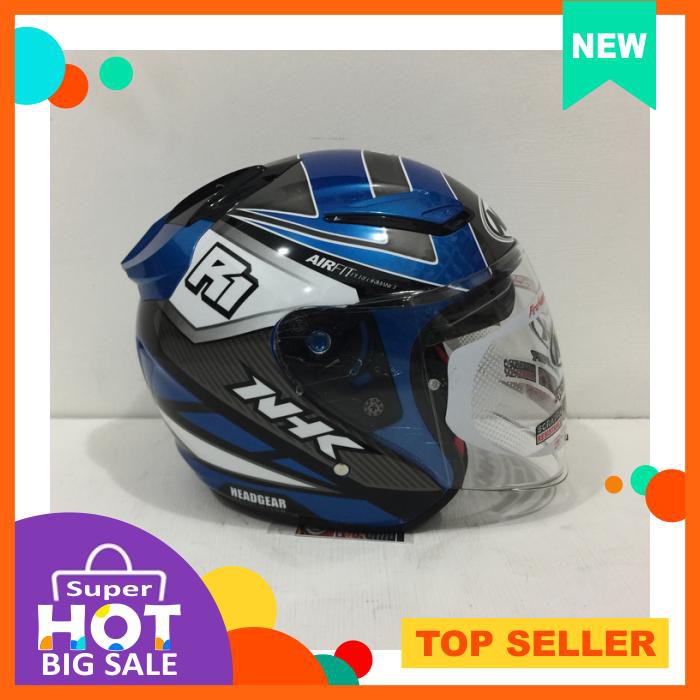 Helm Nhk R1 Double Visor Motif Giga Blue Metalic Silver Biru Metalik