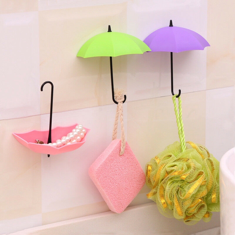 3pcs/set Kreatif Lucu Payung Berbentuk Kait Tempel Perekat Diri Pintu Dinding Kait Tas Kunci Gantungan Spons Tempat Sabun Rak Penyimpanan Dapur Kamar Mandi