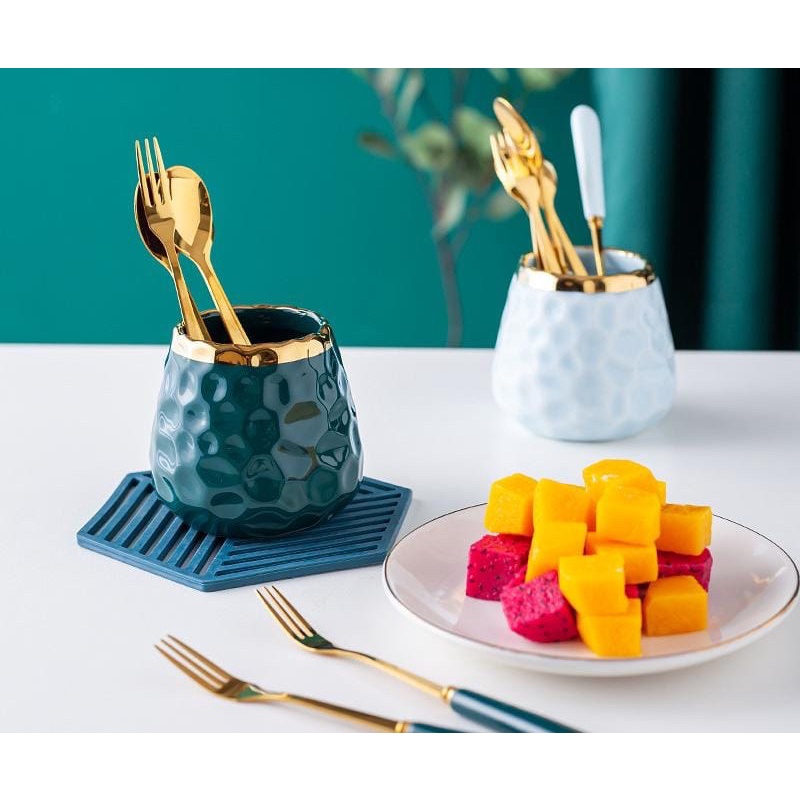 Jar Mug Keramik Tempat Sendok Teh Garpu Kue Set