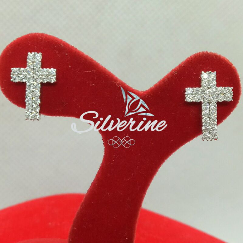 SILVER 925 ANTING PATAM SALIB KRISTAL PERAK LAPIS EMAS PUTIH RHODIUM S925