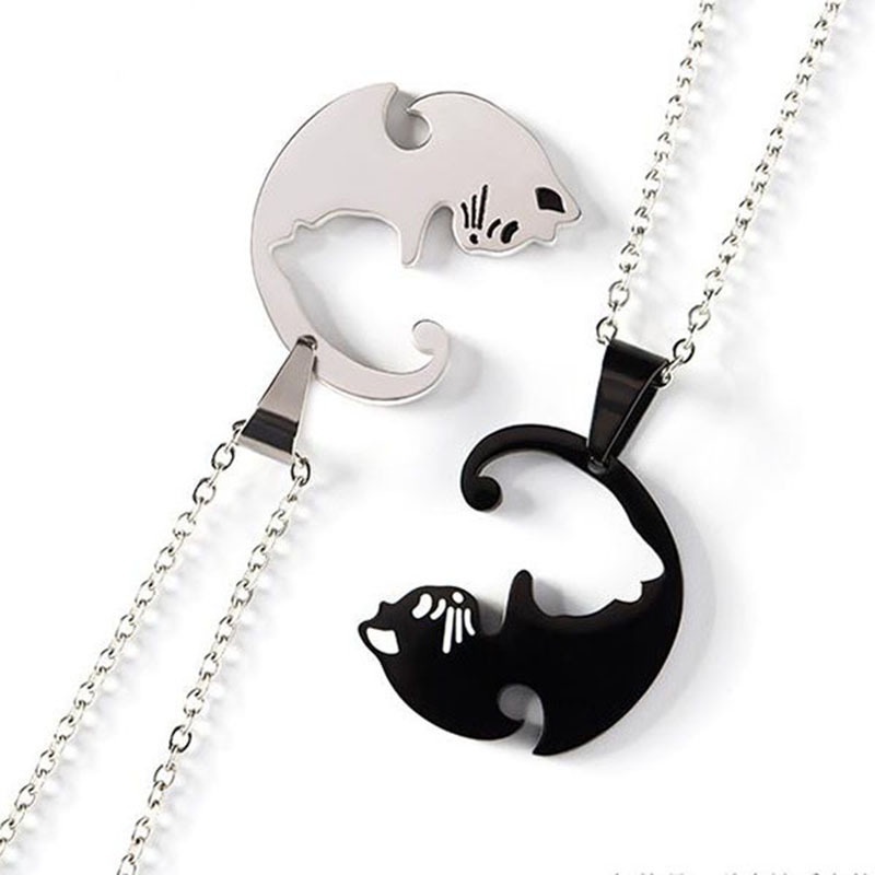 1 Set Kalung Liontin Kucing Hitam Putih Bahan Stainless Steel Untuk Pasangan