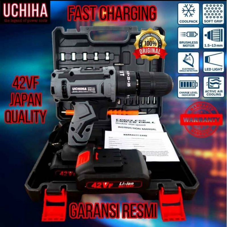Mesin bor tanpa kabel baterai cordless 42 volt 13mm beton besi kayu full set pilihan 25 torsi UCHIHA