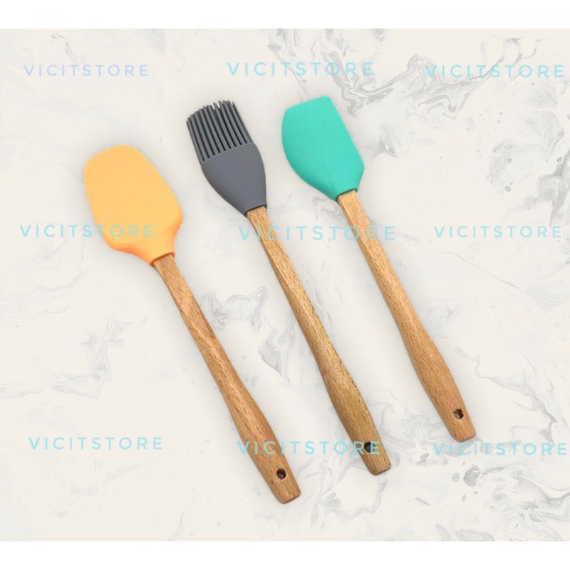 Spatula &amp; Kuas Silikon Gagang Kayu 18cm ( Harga 1pcs )